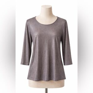 Chico’s Metallic Silver Tunic Top Size 1 Medium Shimmer  3/4 Sleeve Stretch Knit